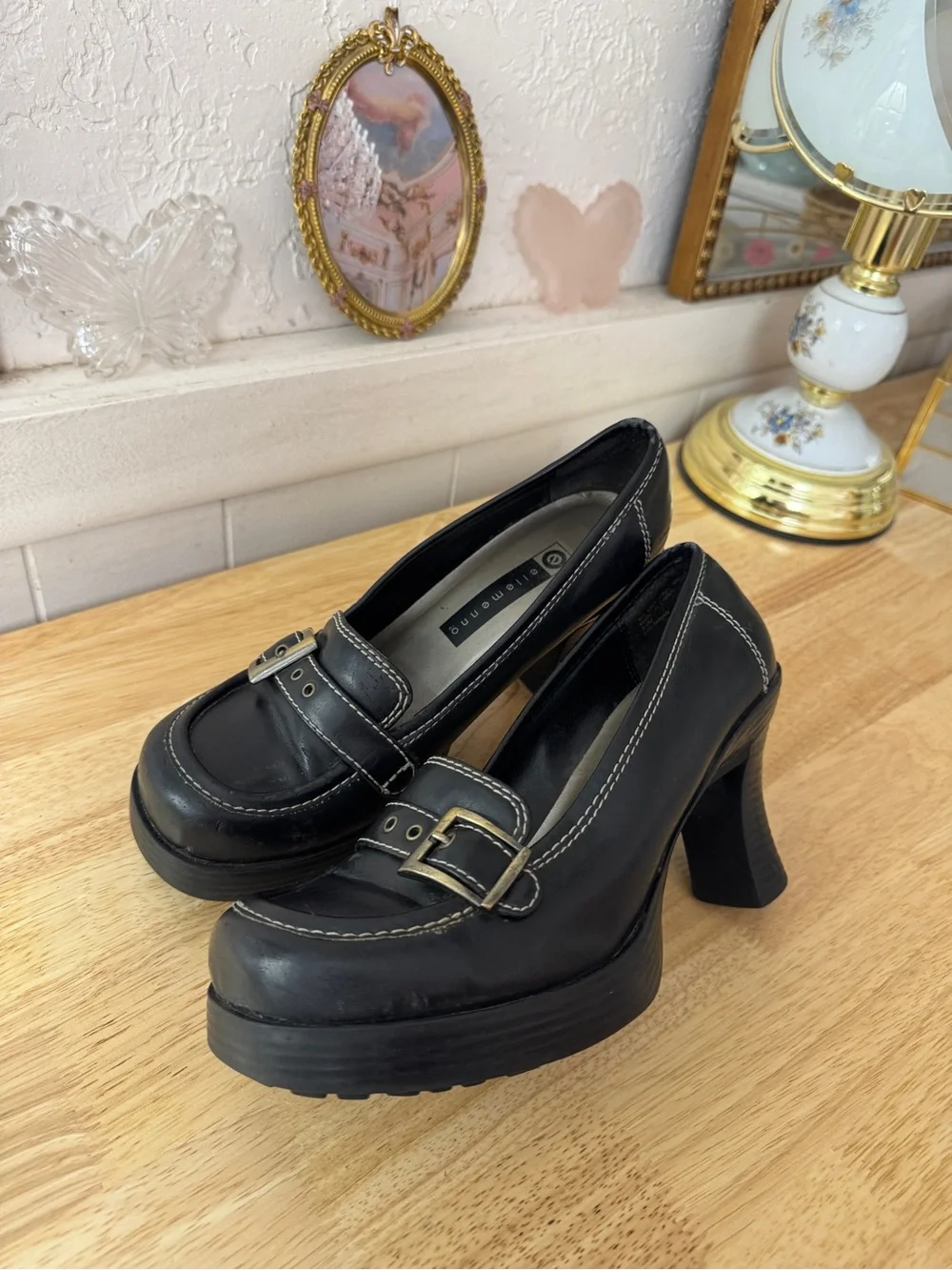 Ellemenno Black Y2K Platform Buckle Loafer Heels Size 8.5 Grunge